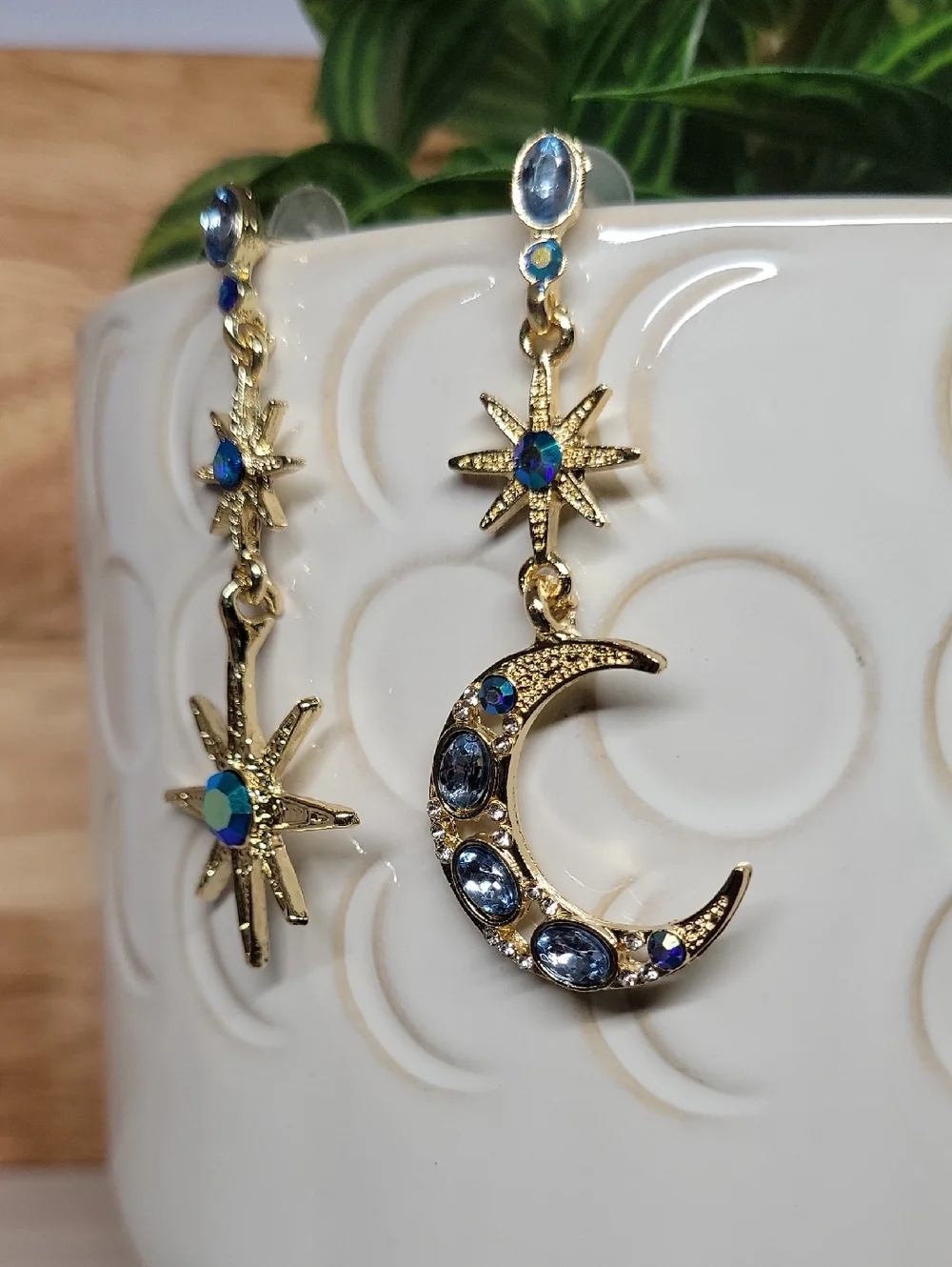 Celestial Gold-Tone Moon & Star Blue Crystal Drop Earrings